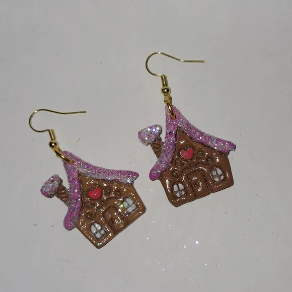 Pink Gingerbread House Earrings - Picture 2 of 3